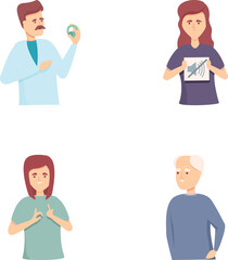 Obraz premium Deaf character icons set cartoon vector. Deaf people with hearing problem. Hearing disability concept