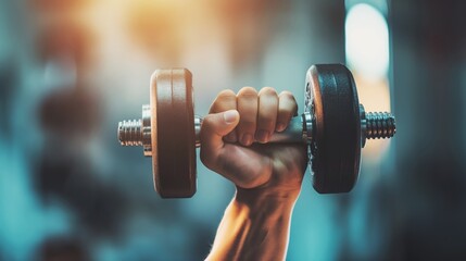 Close-up of a hand holding a dumbbell with a weight of 5 kg on a blurred background of a gym. Isolated on a blue background.