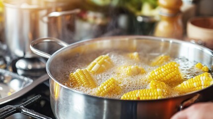 Boiling Fresh Corn on the Cob in a Large Pot of Steaming Hot Water on the Stovetop for a Flavorful Summer Side Dish Perfect for BBQs and Picnics.
