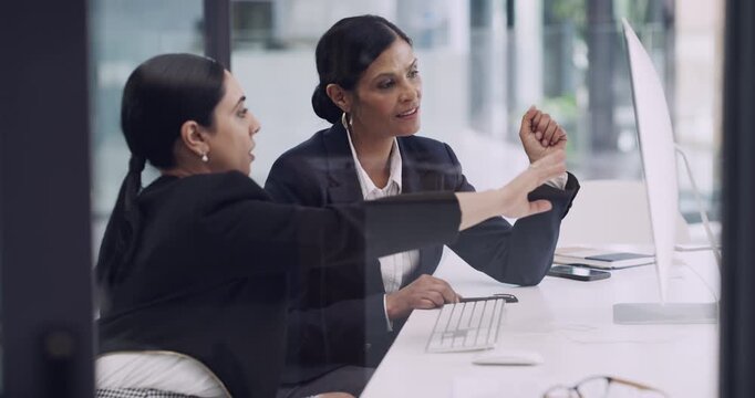 Business women, teamwork and advice on computer for copywriting, editing online report or analysis in office window. Professional manager, editor or people on desktop for support, ideas or feedback