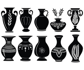 Solid black clipart of pottery, Set of Greek Amphora