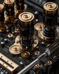 Futuristic Quantum Computer with Intricate Gold Components and Black Liquid Cooling