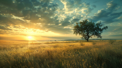 A single tree stands in a vast golden field under a dramatic sunrise, with rays of sunlight breaking through the clouds.
