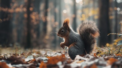 Close-up of a curious squirrel exploring the forest with a blurred background under the warm sunlight, showcasing its natural habitat