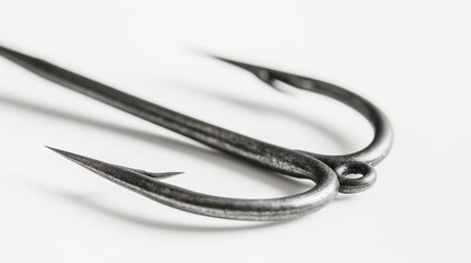 Naklejka premium Detailed Close-up of Black Fishing Hook with Barbed End, Isolated on White Background. Perfect for Fishing Equipment Concepts and Advertising Materials.