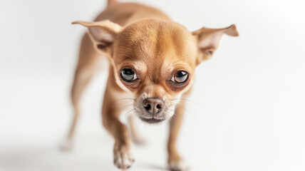Obraz premium Closeup of small brown Chihuahua on white background, serious expression, indoors concept