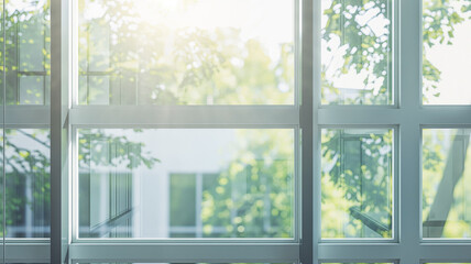 Sunlight streaming through modern glass windows, creating serene atmosphere, office interior design concept