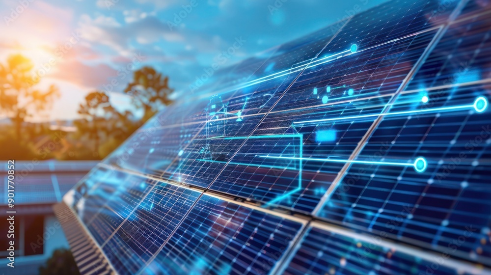 Poster digital interface showing solar power system efficiency and energy production.