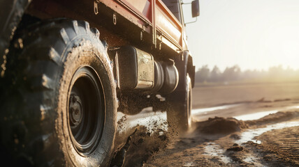 Closeup of heavy duty truck wheel driving through mud and dirt, transportation concept