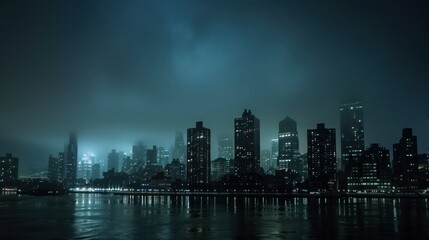 Obraz premium Darkened city skyline during a power outage at night. 