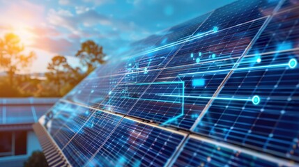 Digital interface showing solar power system efficiency and energy production. 