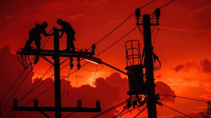 Emergency response team fixing power lines during a blackout. 