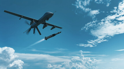 Drone in sky, military aircraft launching missile, unmanned aerial vehicle, combat technology, aerial warfare concept