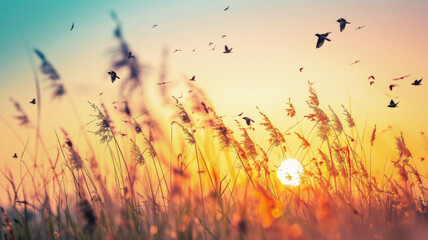 Obraz premium Sunset through wild grasses with flying birds in serene landscape, nature tranquility concept