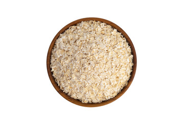 Oat flakes or rolled oats in wooden bowl isolated on white background with clipping path.healthy eating, vegan food.Top view