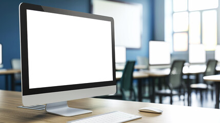 Fototapeta premium Computer screen on desk in modern classroom with bright windows and comfortable chairs, education technology concept