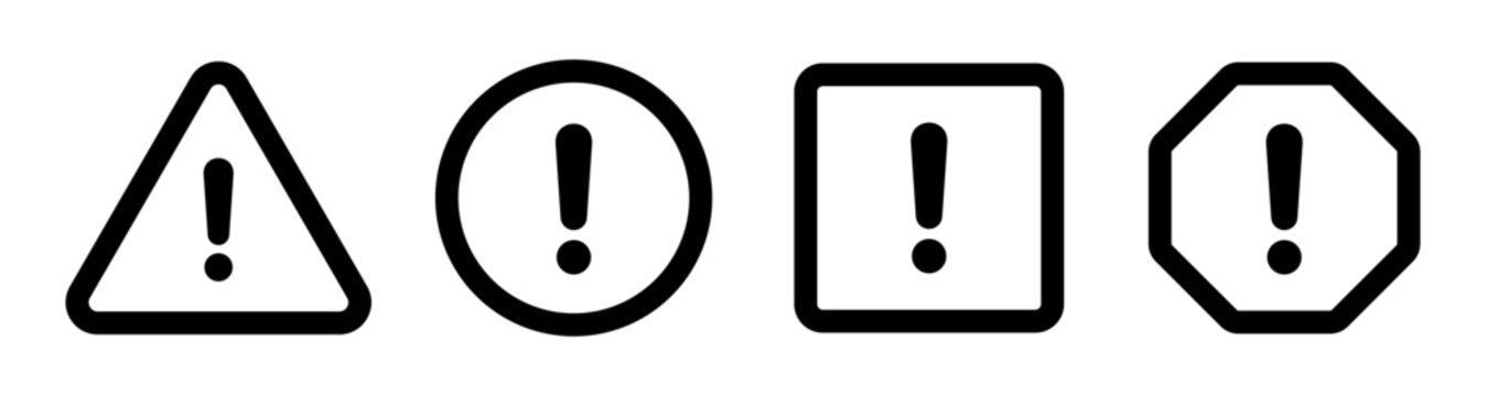 Hazard symbol in black and white color with exclamation symbol in different shapes stroke style. Caution symbols set with exclamation mark in various shapes. Danger warning icon set.