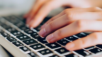 Fototapeta premium Hand Typing on a Keyboard: A close-up of hands typing on a sleek laptop keyboard. 