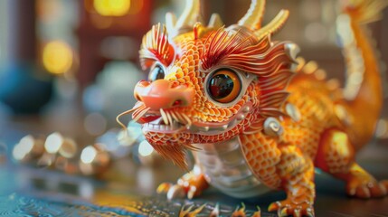 Fototapeta premium A detailed view of a scale model dragon sitting on a flat surface, perfect for decorative use or fantasy-themed props
