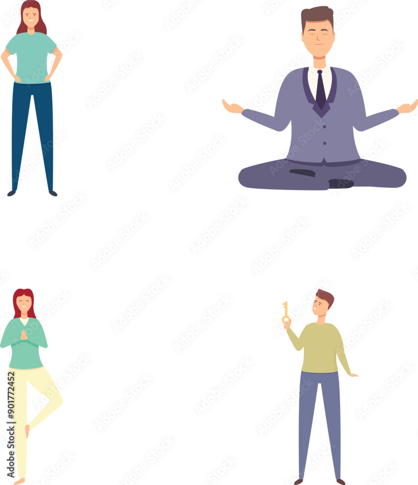 Poster problem solving icons set cartoon vector. personal development and improvement. challenge, success, 