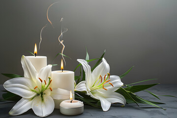 Funeral banner design featuring burning candles and white lilies on a grey background