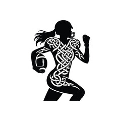 American football sport female player with celtic knot, nordic pattern illustration, emblem shield badge