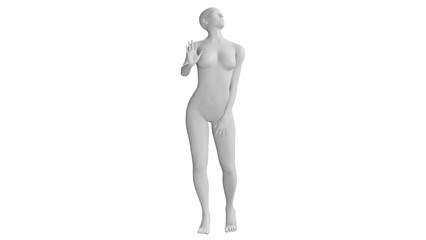 Female Mannequin in Upright Pose with Raised Hand Isolated on Transparent Background. Front View