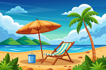 A beach scene with two wooden lounge chairs and a beach umbrella on a sandy beach, with a calm ocean and cloudy blue sky in the background