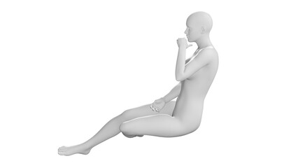 Female Mannequin Sitting Cross-Legged in Thoughtful Pose Isolated on Transparent Background. Side View