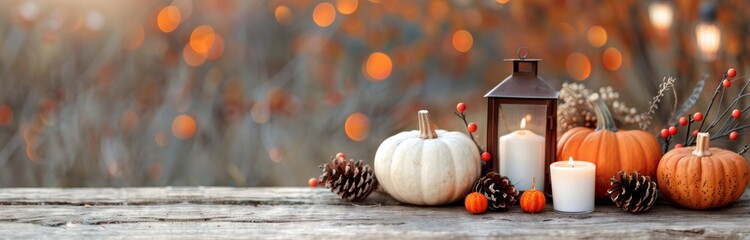 Autumnal Pumpkins and Lantern on Wooden Table