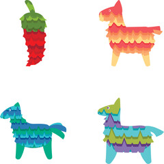 Mexican pinata icons set cartoon vector. Colored pinata for party game. Birthday traditional toy