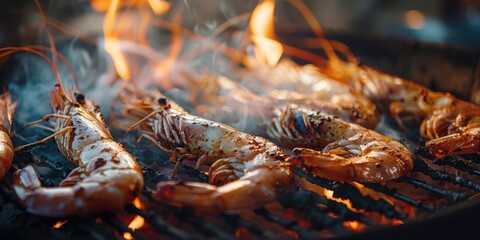 Close-up shot of cooked shrimp on a grill, perfect for food or culinary-themed images
