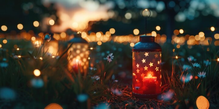 A single lighted lantern sits atop a lush green grass field, perfect for camping, outdoor events or romantic getaways