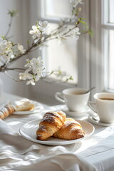 Elegant photo of breakfast with pastries and coffee on a white table under natural light gives a warm and bright feeling for use in cafe advertisement or food blog to inspire readers and customers.