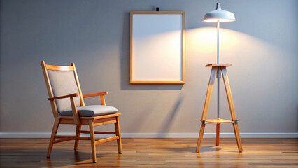 A cozy corner features a wooden chair with cushioned seating, a floor lamp, and an empty frame mounted on the wall. Warm lighting adds a inviting ambiance to the minimalist space.Generated by AI.