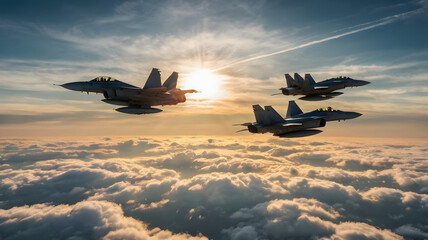 Fighter jets fly above the clouds