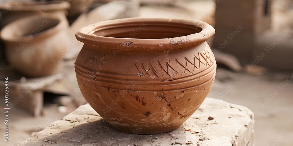 Poster a brown clay pot with a design on it sits on a stone. the pot is empty and has a rustic appearance