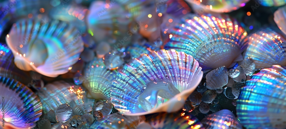 Poster a collection of shells with a blue and purple hue. the shells are scattered across the image, with s