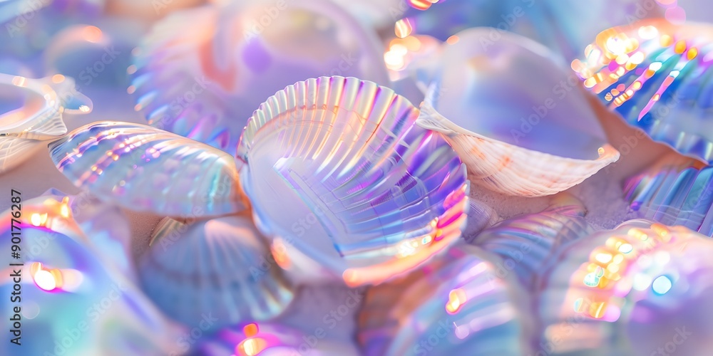 Poster a collection of shells with a blue and purple hue. the shells are arranged in a way that creates a s