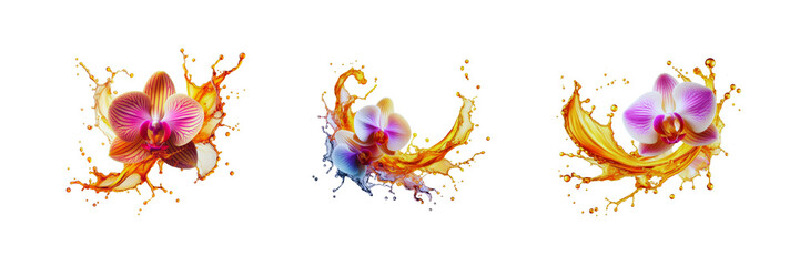 Set of orchid liquid wave splash water Illustration, isolated over on transparent white background