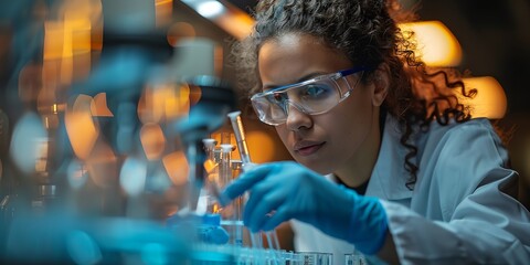A woman in a lab coat is wearing safety goggles and gloves as she works with chemicals. Concept of caution and precision, as the woman carefully handles the vials and bottles