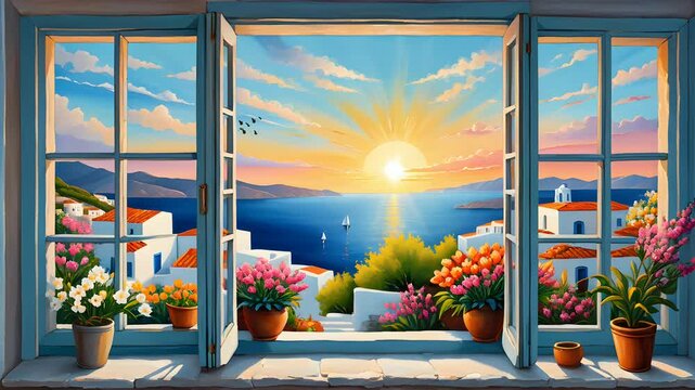 a painting of sea view of an open window with spring flowers natural. seamless looping time-lapse 4K video background
