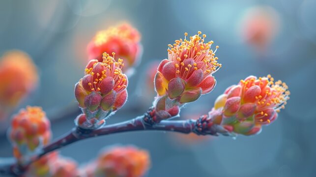 Beautiful red flowering quince blossoms are opening on a branch with a soft blurred background