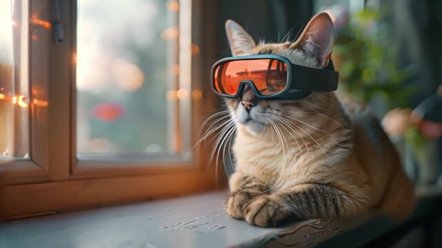 A light brown cat wearing red and black ski goggles sits on a windowsill looking outside.