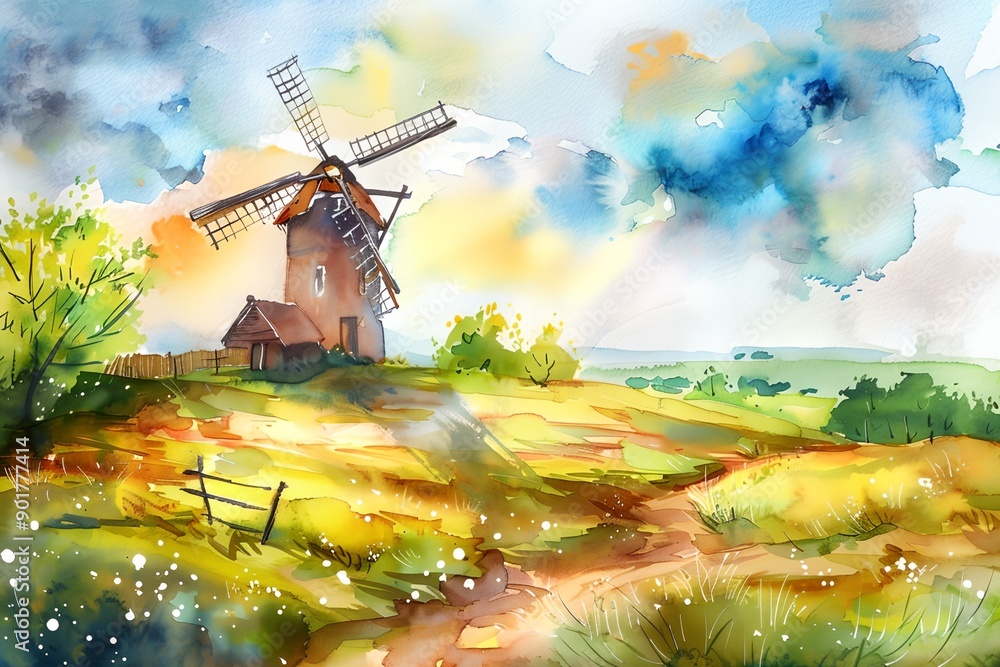 Poster a windmill is in the foreground of a field with a fence in the background. the sky is cloudy and the