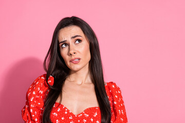 Photo portrait of latin beautiful happy young gorgeous lady in red glamour dress oops problems...