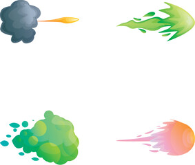 Blast motion icons set cartoon vector. Gun flashes or gunshot animation. Cartoon flash effect