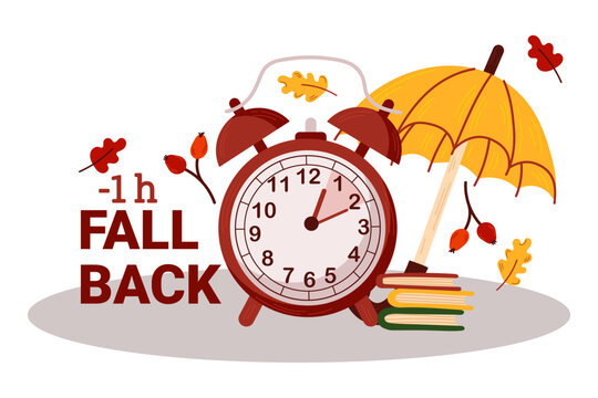 Fall Back, change clock back one hour. Daylight Saving Time.Autumn Fall Back 1 h.