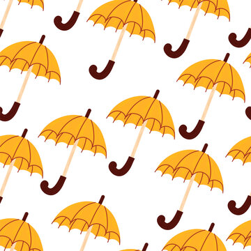 Simple seamless autumn pattern with umbrella. With autumn leaves, umberella, glasses, rainy cloud, hearts, hot coffee. For wallpaper, gift paper, pattern fills, backgrounds, greeting cards.