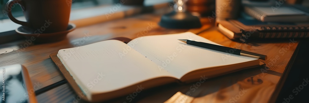 Poster a notebook is open on a wooden table with a pen and a cup of coffee. the notebook is filled with wri